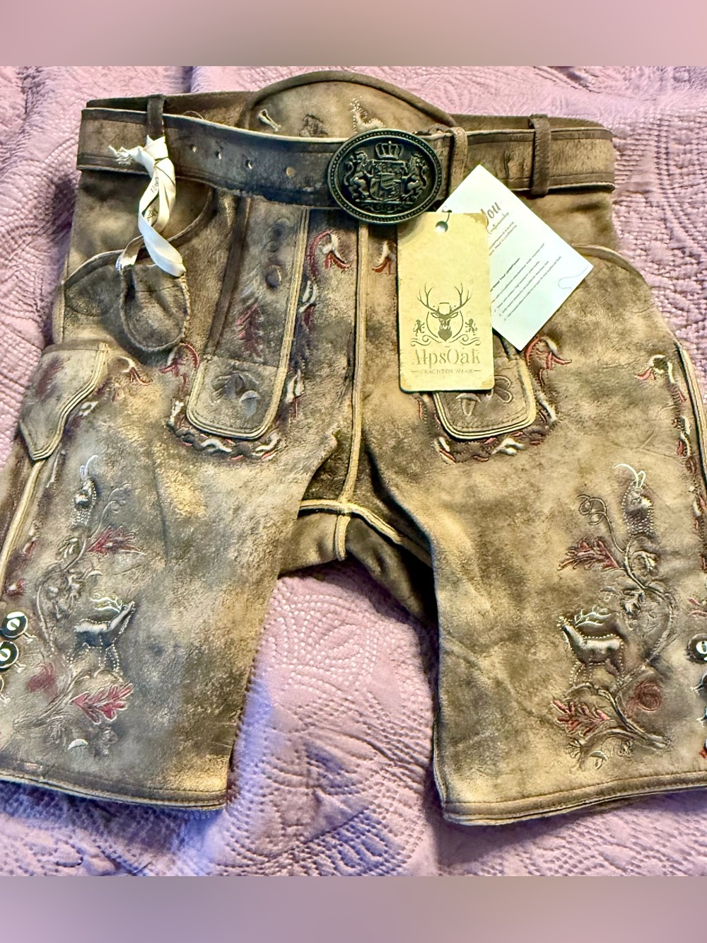 NWT Authentic Deer Suede Lederhosen with Belt and Ornate Buckle